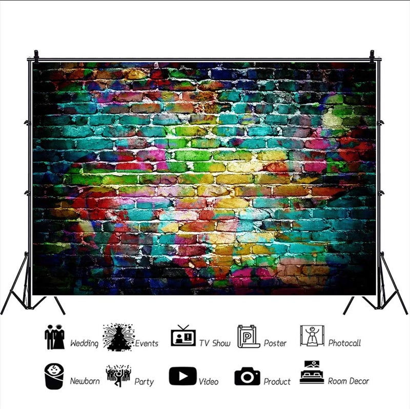 Renaiss 7x5ft Colorful Graffiti Brick Wall Backdrop Vintage 80's 90's Hip Hop Discos Street Art Brick Wall Photography Background for Wedding Baby Shower Birthday Themed Party Decor Photo Props - Image 2